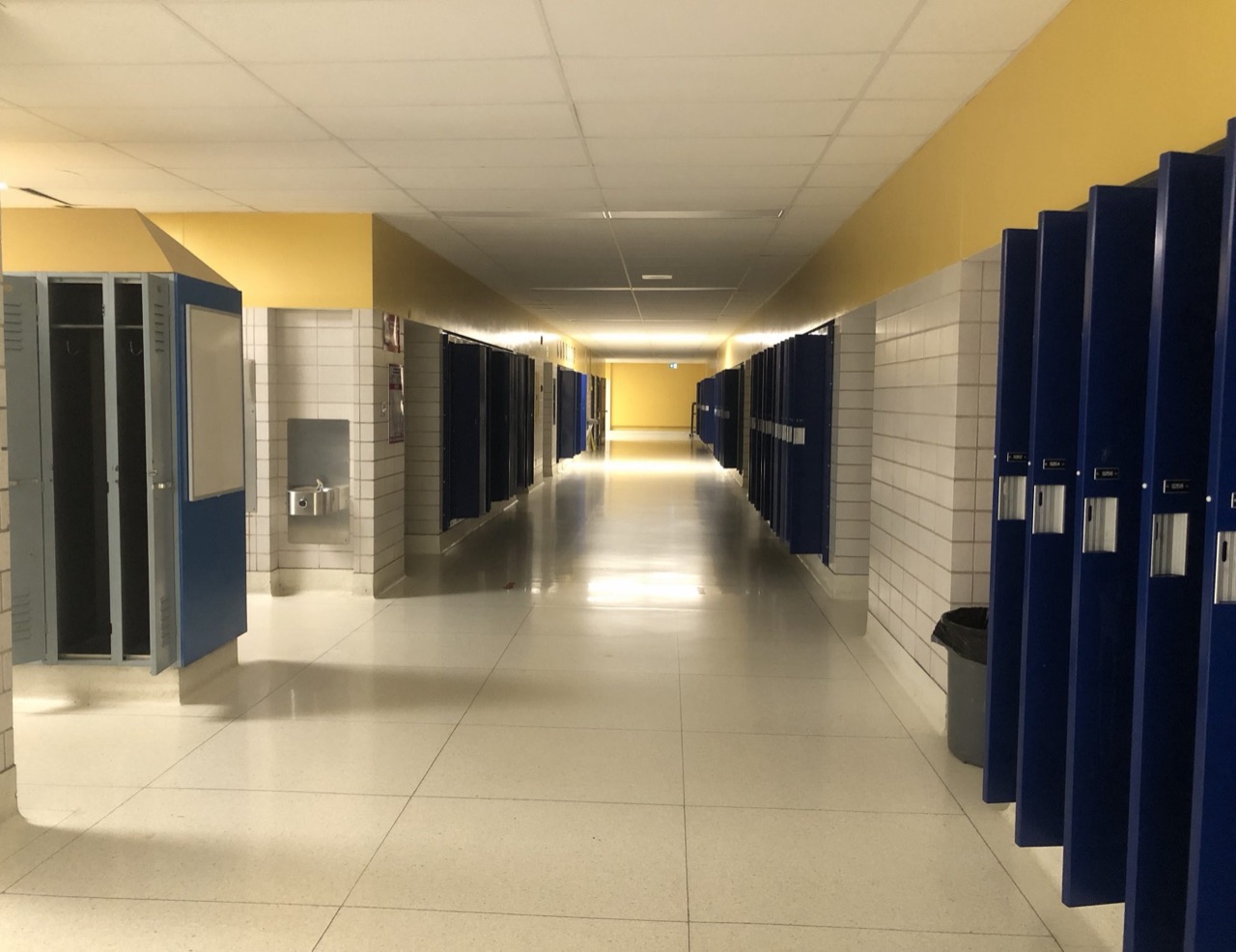 A clean school hallway lined with lockers